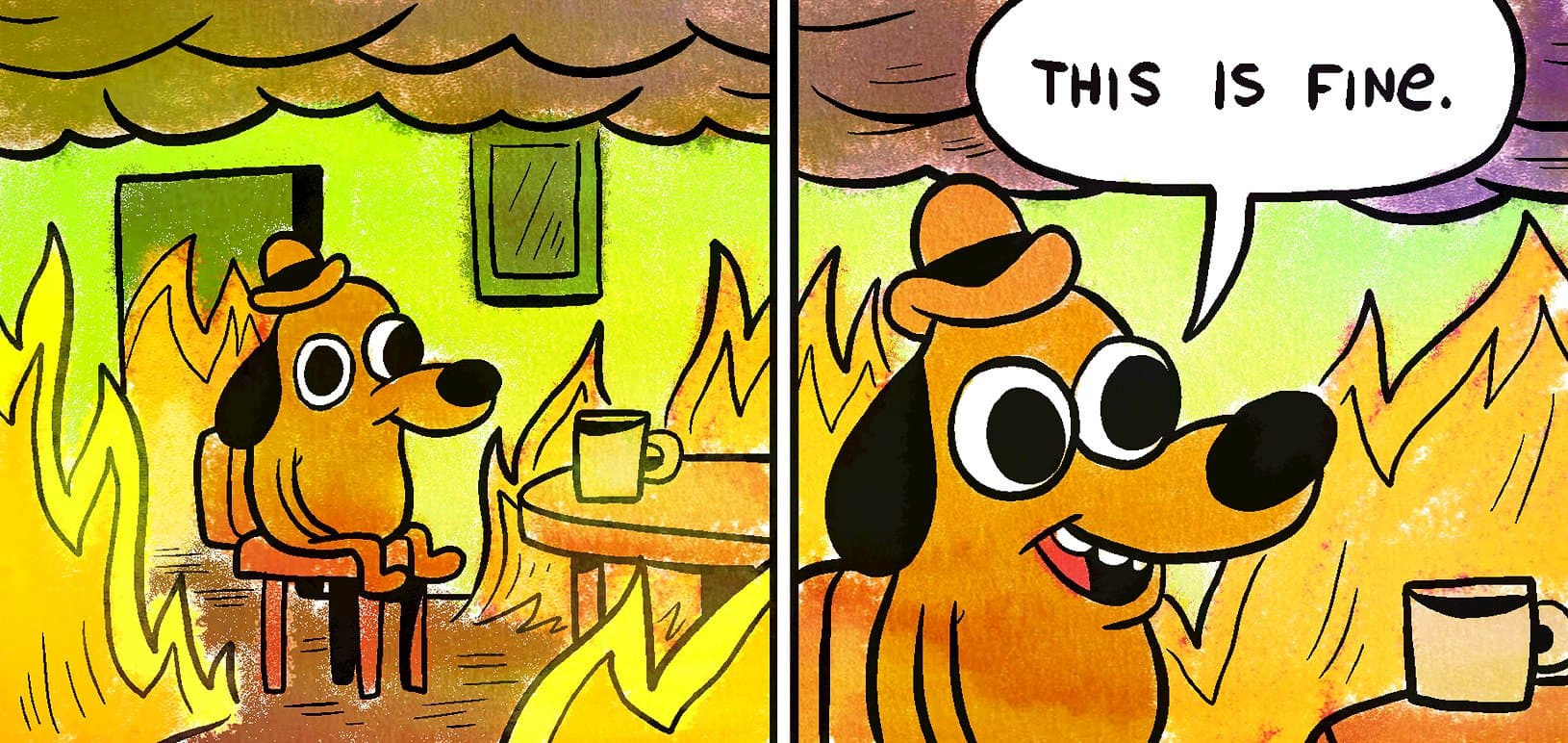 The 'This is Fine' meme - a cartoon dog sitting in a burning room, smiling