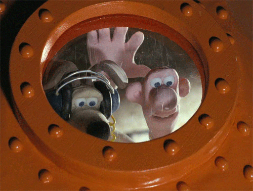 Wallace and Gromit waving goodbye from their rocket
