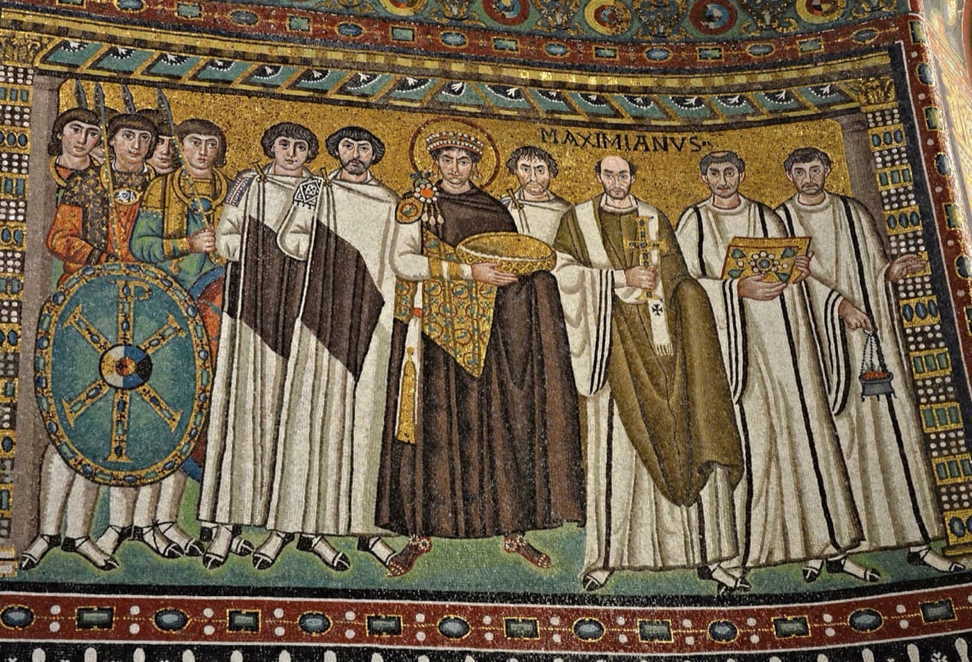 Mosaic of Emperor Justinian and his retinue, Basilica of San Vitale, Ravenna