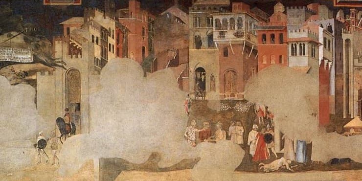Ambrogio Lorenzetti's fresco The Effects of Bad Government in the City: a ruined Siena, buildings crumbling, soldiers in the streets, a body left lying