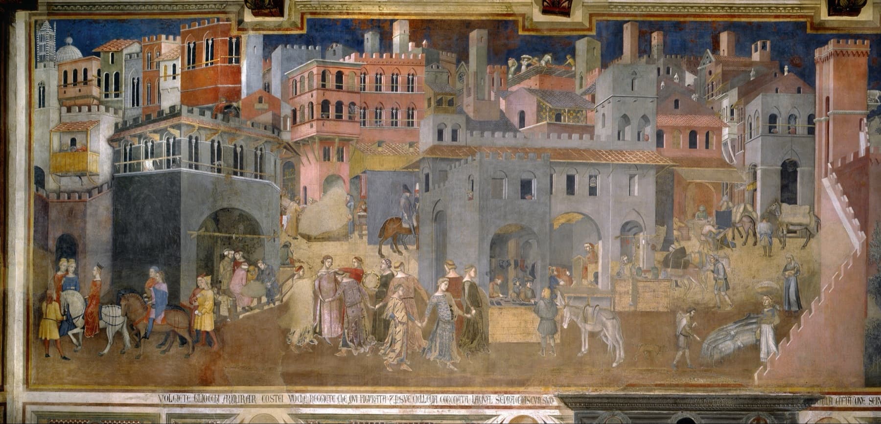 Ambrogio Lorenzetti's fresco The Effects of Good Government in the City: a prosperous mediaeval Siena, dancers in the street, builders at work