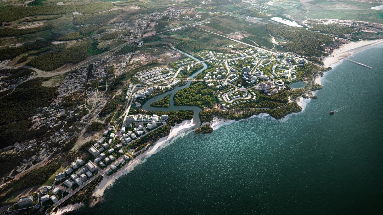 A developer's aerial rendering of the planned city of +Colonia on the coast of the Río de la Plata: low-rise districts, parks and lagoons beside the water.