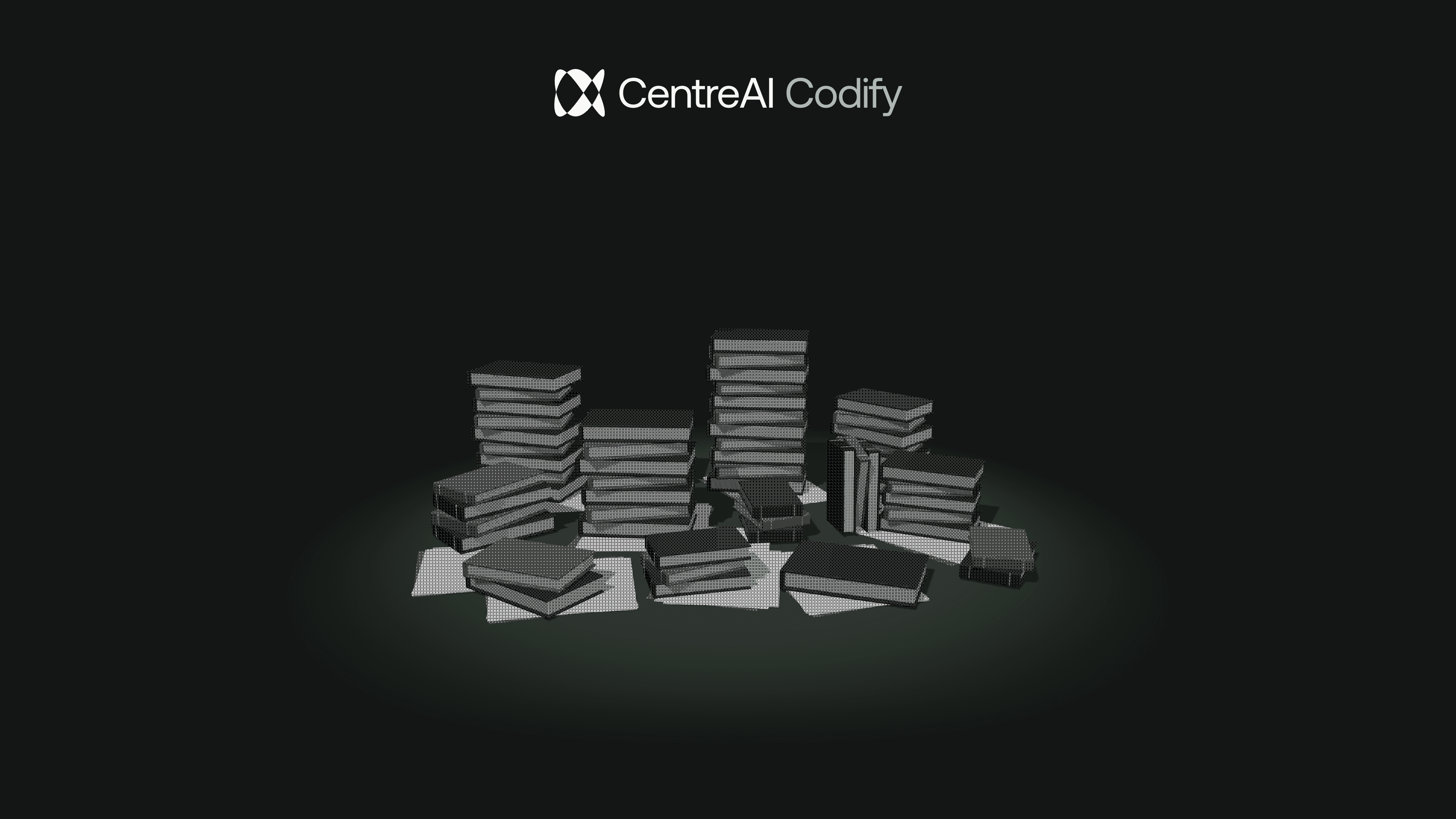CentreAI Codify artwork: stacks of law books rendered in a dithered style