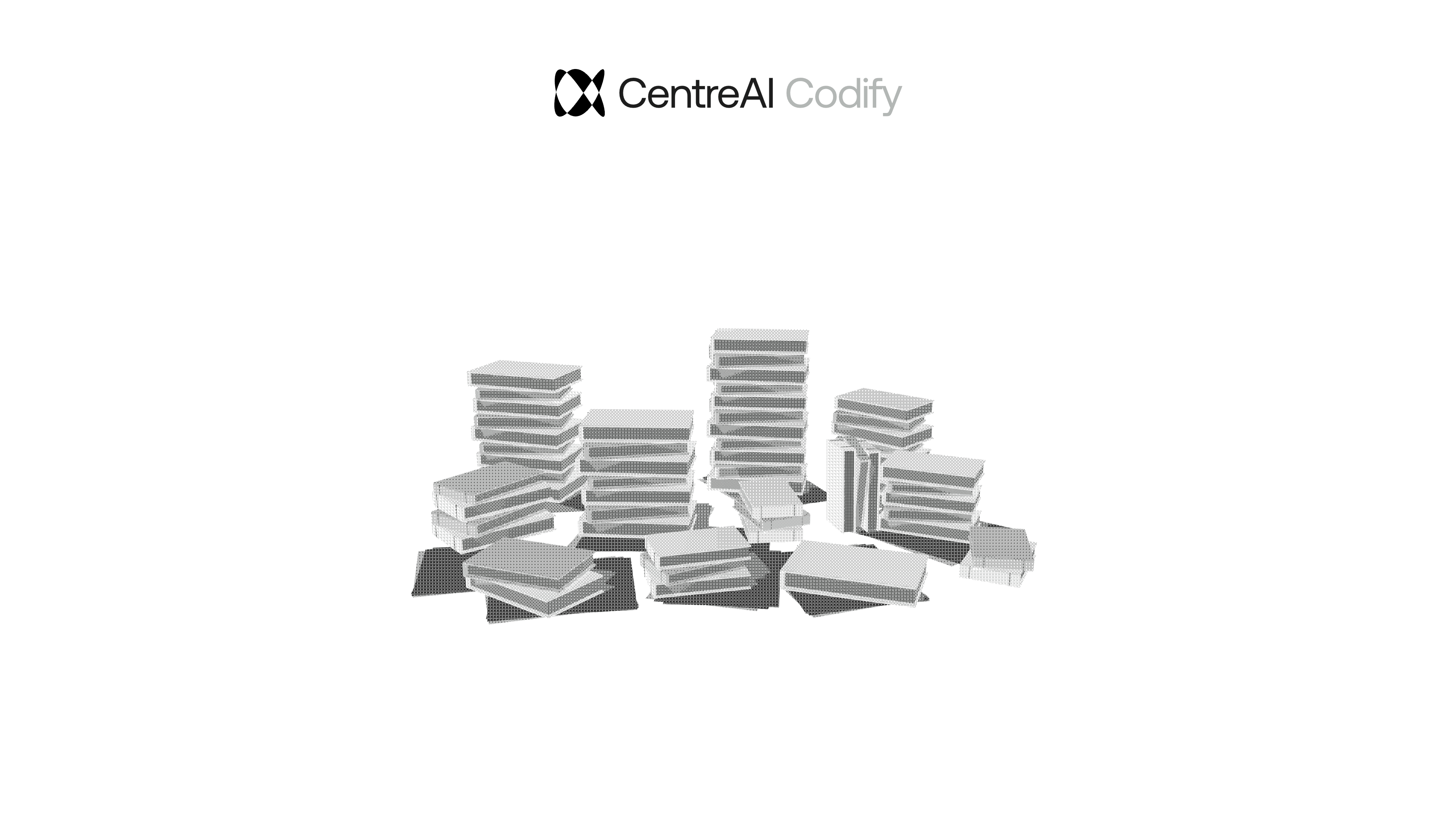 CentreAI Codify artwork: stacks of law books rendered in a dithered style