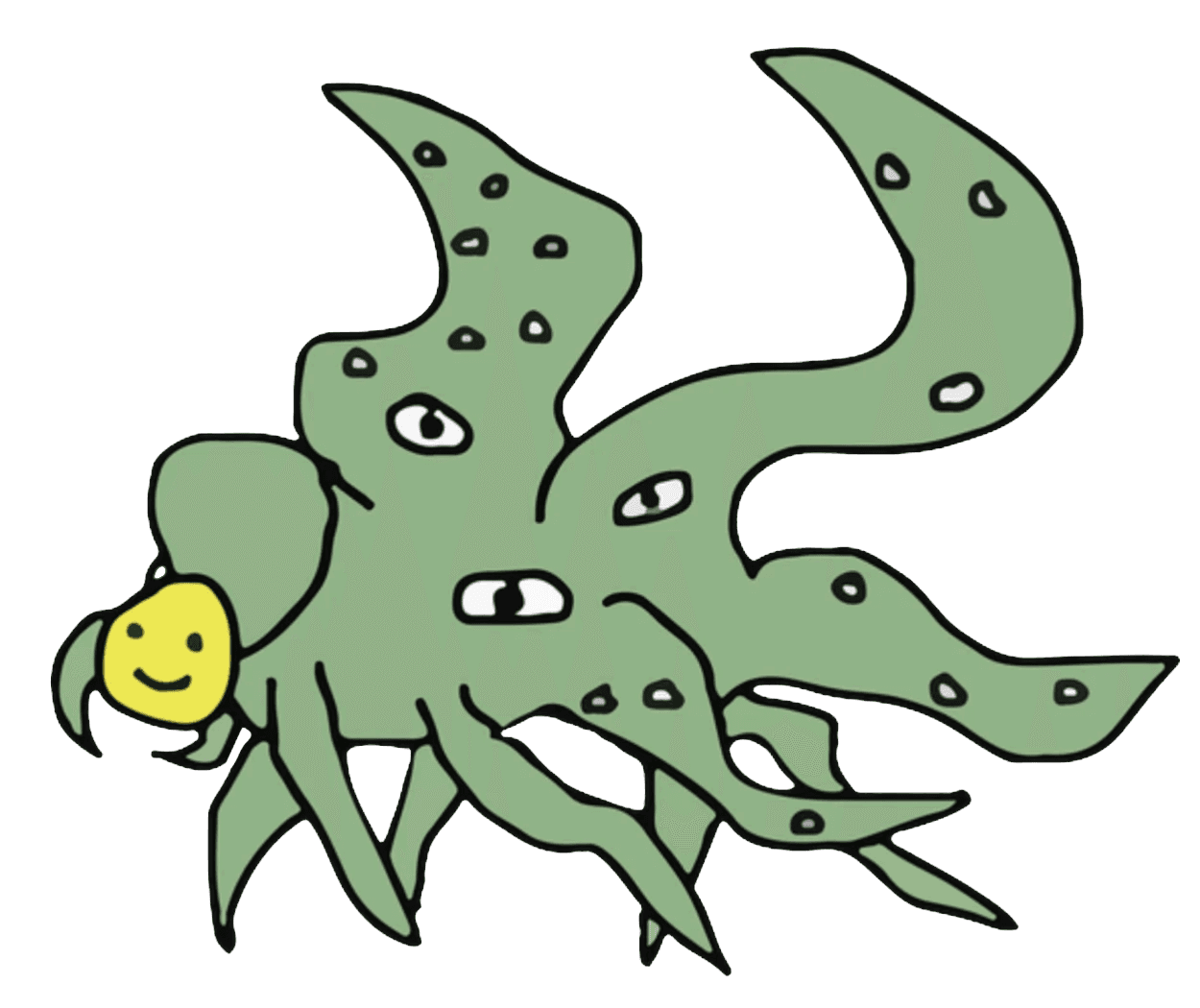 Shoggoth with Smiley Face — a colourful eldritch creature with a small smiley-face mask perched on a tentacle