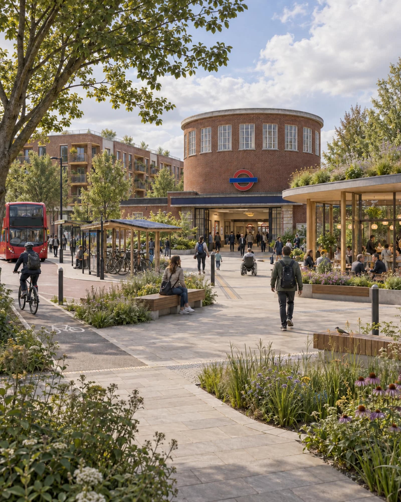 An imagined public square around Arnos Grove's circular station building with planting, cycle shelter and contemporary neighbouring buildings.