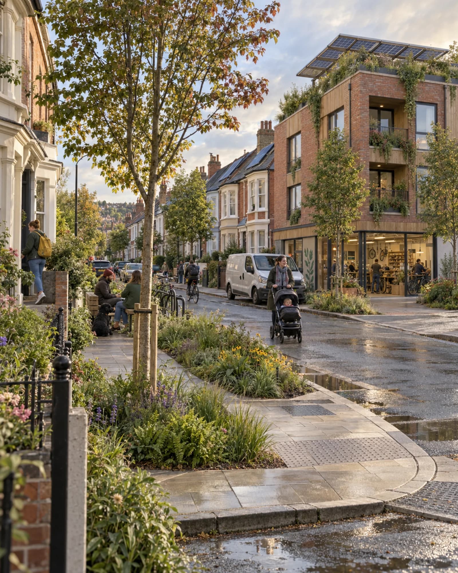 An imagined Bristol terrace street with a contemporary corner building, planting and places to gather.