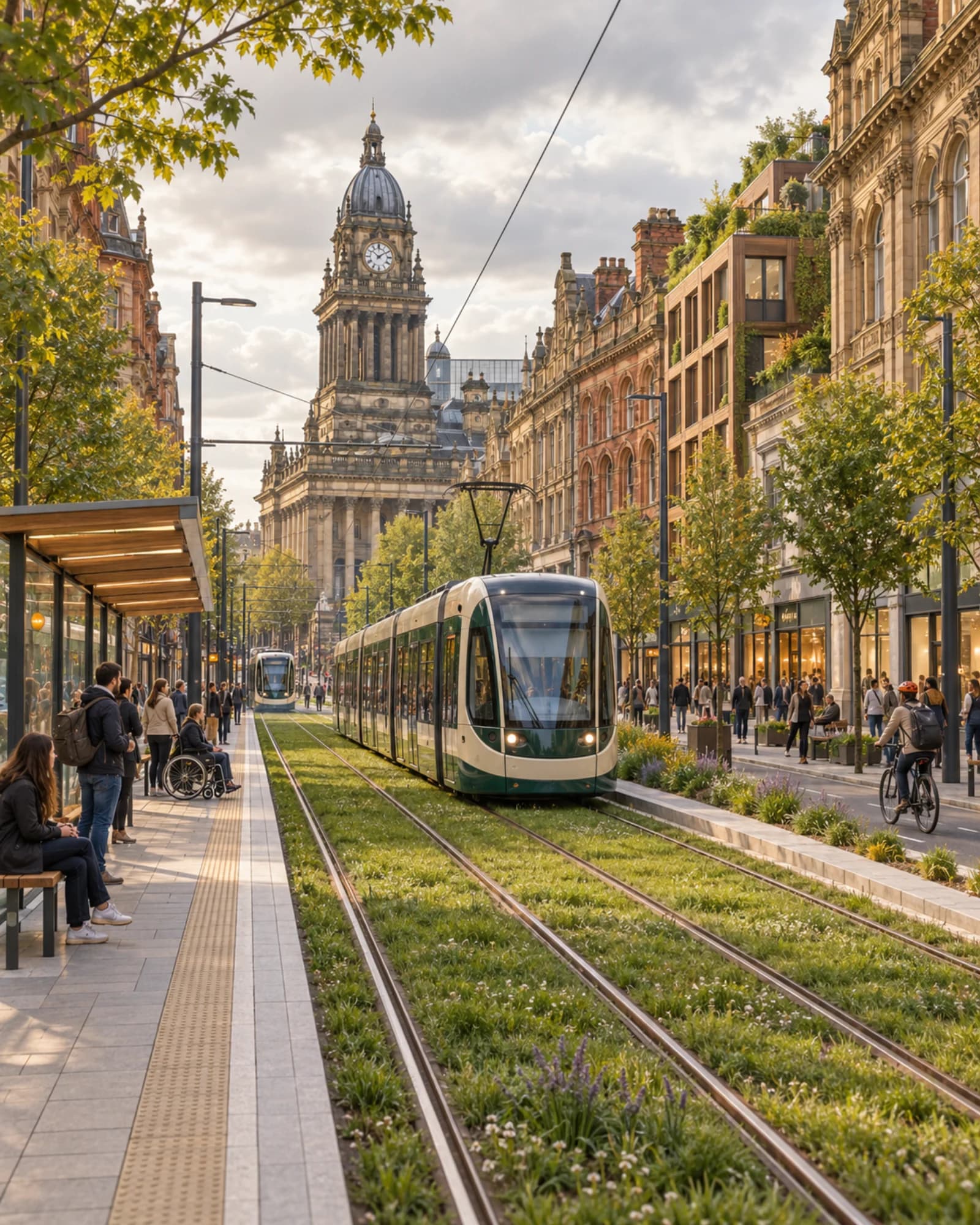 An imagined Leeds boulevard with a tram on planted tracks, civic stone buildings and generous pedestrian space.