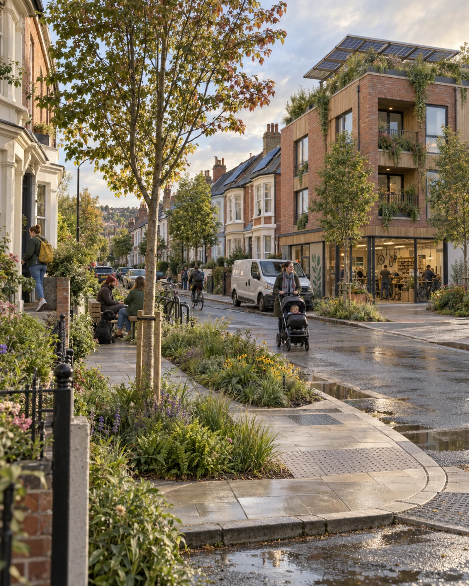 An imagined Bristol terrace street with a contemporary corner building, planting and places to gather.