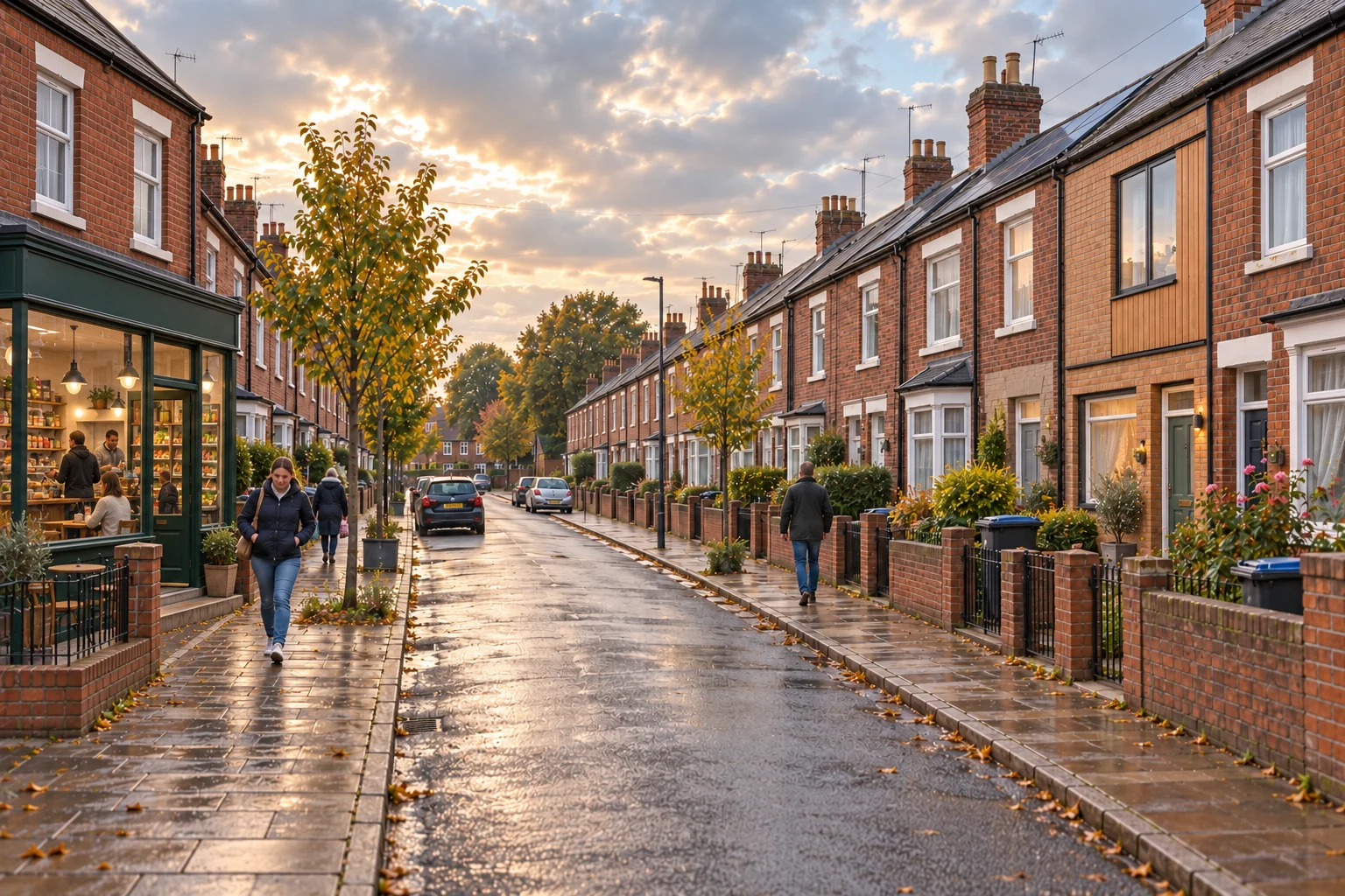 An imagined terraced street with a small cafe and grocer on the left, a modernised brick and timber home on the right, and small walled front gardens.