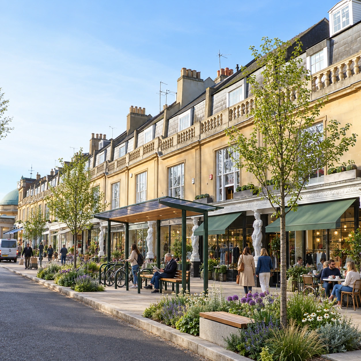 A Regency parade reimagined with its caryatid shopfronts, sash windows and slate roofs alongside planted pavement beds, public benches and a small solar canopy over seating and cycle parking.